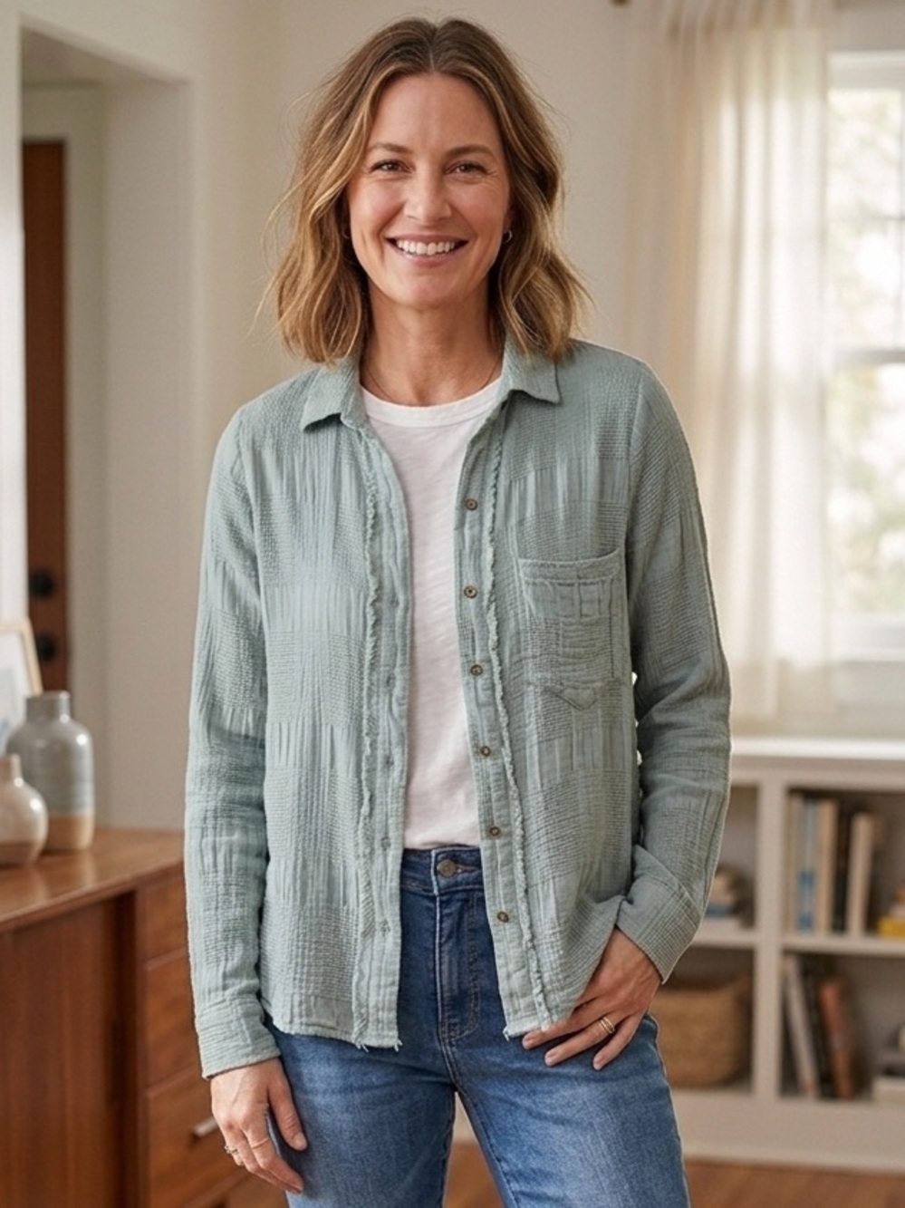 Umgee Textured Shirt in Soft Green